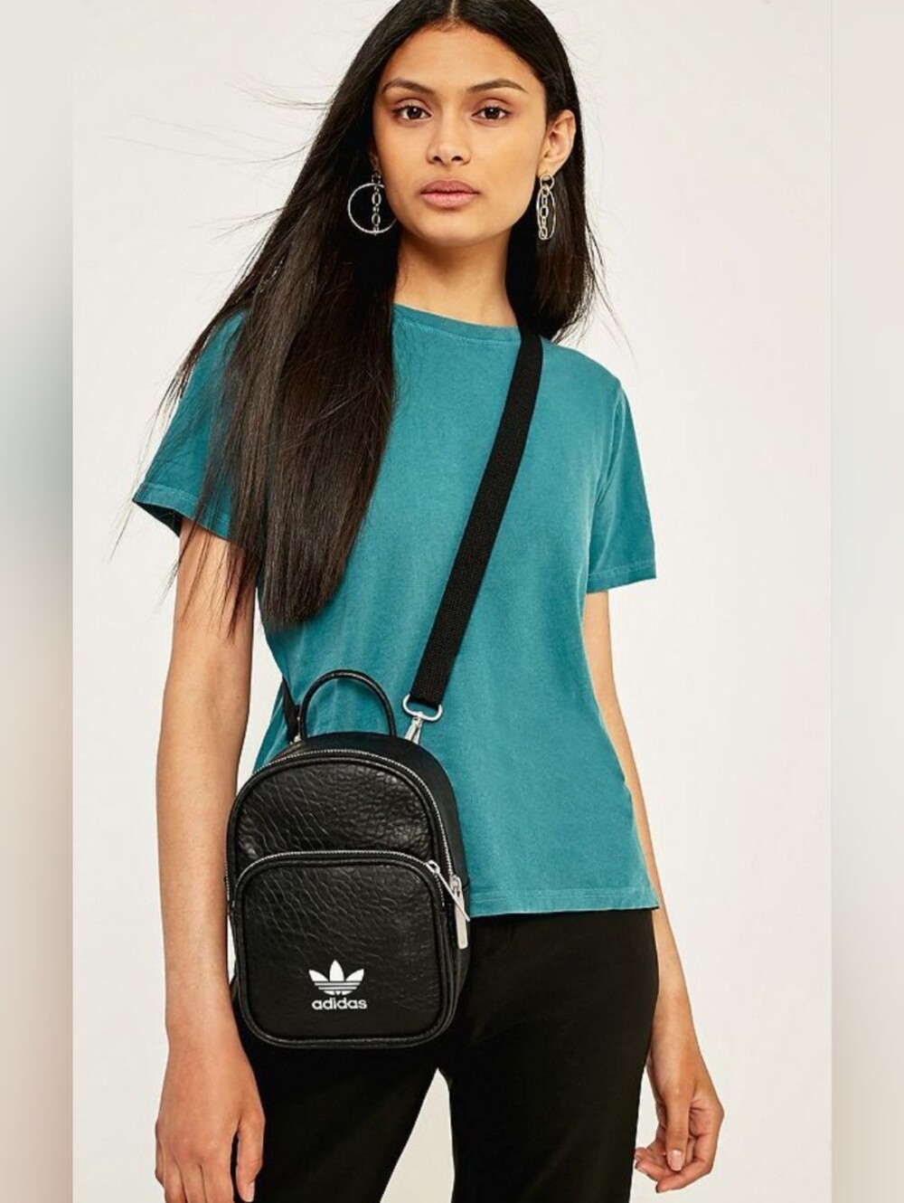 Adidas Mini Backback, Black Trefoil, Faux Leather, Zipper, Front Pocket, Sporty